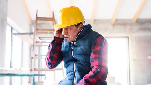 In a room under construction, a man in hardhat sits down, closes his eyes and puts his hand to his forehead, as though he’s hurt. For job injuries, talk to the Georgia workers’ comp lawyers at Silver & Archibald.