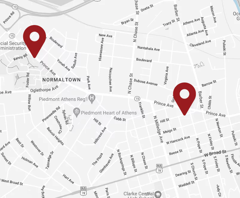 A map showing the two Athens, Georgia, office locations of the disability law firm Silver & Archibald.