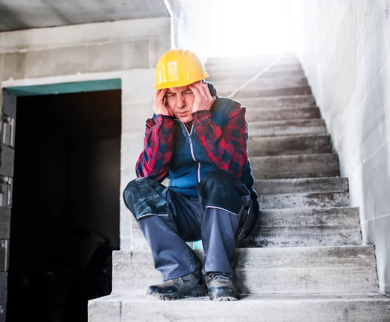 Sitting on a set of unfinished stairs in a construction site, a worker in a hardhat closes his eyes, makes a pained expression and touches his forehead. Get help immediately if you’re hurt at work.